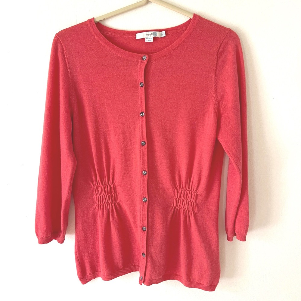 Boden Womens Pink Cardigan 6 100% Wool Ruched Waist Button Front Y2K 90s College